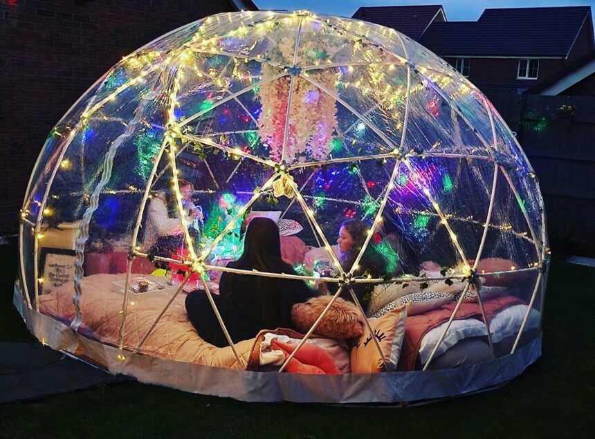 Dining setup inside igloo dome, front view